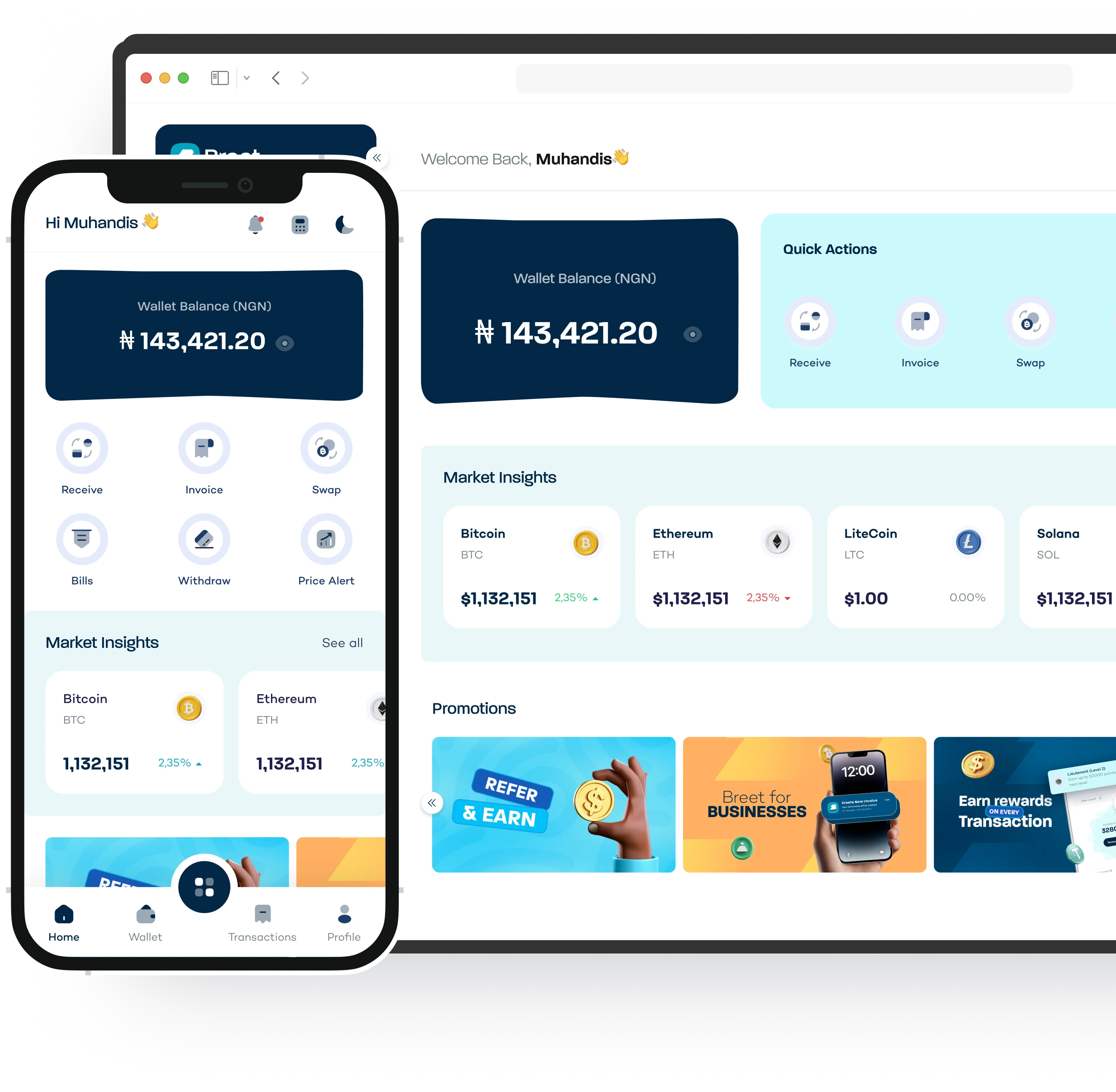 Breet dashboard mockup showing crypto trading and exchange interface