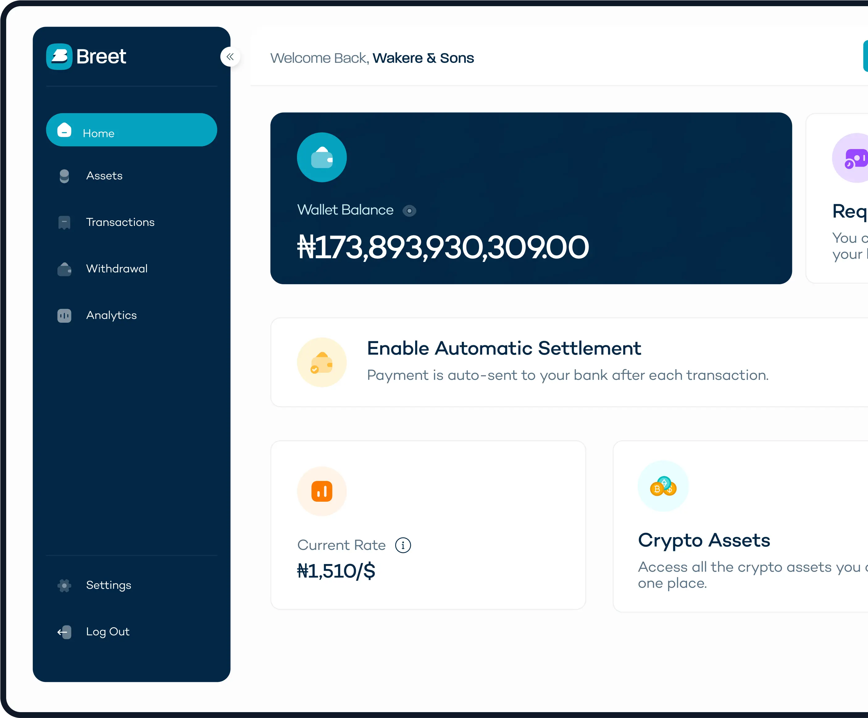 Breet dashboard mockup showing crypto trading and exchange interface